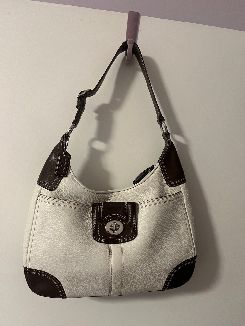Coach Vintage Hamilton White and Brown Leather Hobo Bag with Turn-Lock Closure